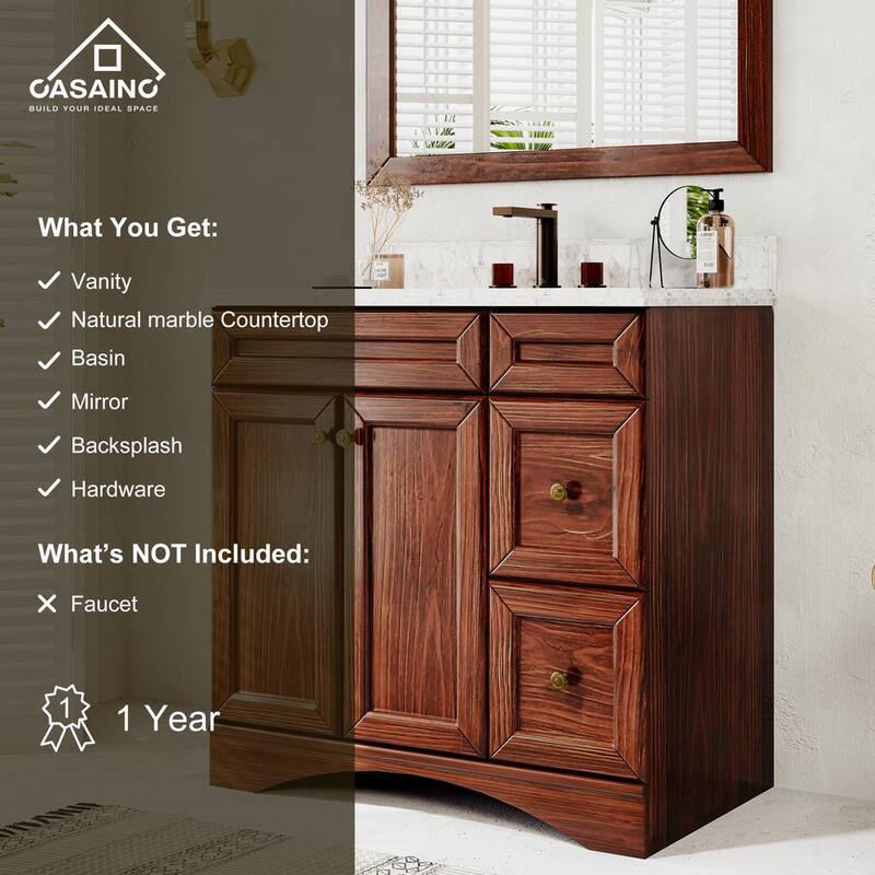 36 in. W x 22 in. D x 35.4 in. H Single Sink Freestanding Bath Vanity in Traditional Brown with Carrara Top and Mirror