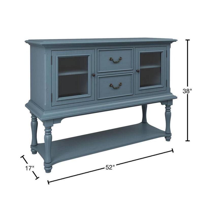 52 in. Blue Rectangle Wood Console Table with 2-Drawers 2-Glass Doors and Bottom Shelf for the Living Room