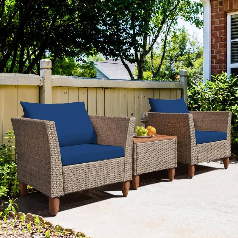 3-Piece Wicker Patio Conversation Set with Blue Cushions