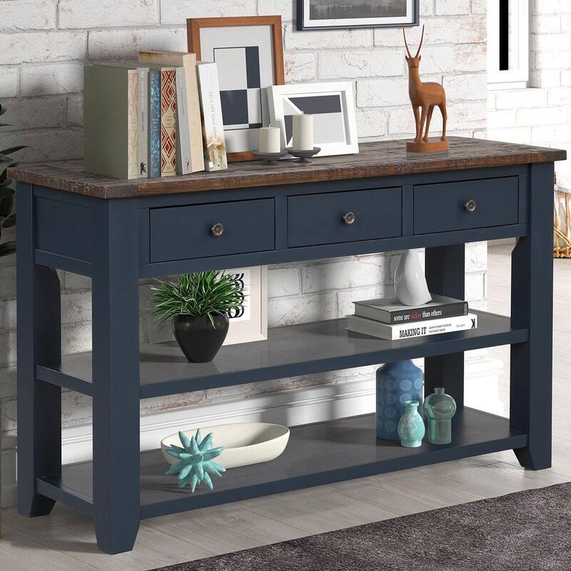 49 in. Blue Rectangle Distressed Wood Top Console Table with Storage Drawers and Shelves