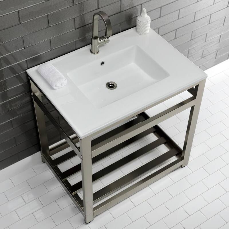 31 in. Ceramic Console Sink 1-Hole with Stainless Steel Base in Brushed Nickel