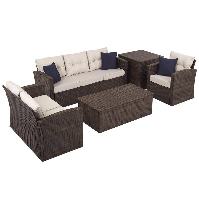 5-Piece Wicker Outdoor Patio Sectional Conversation Seating Set with Light Grey Cushions