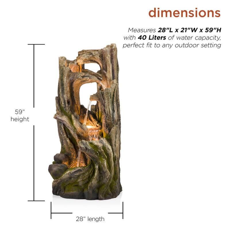 59 in. Tall Indoor/Outdoor 5-Tier Waterfall Tree Stump Fountain with LED Lights