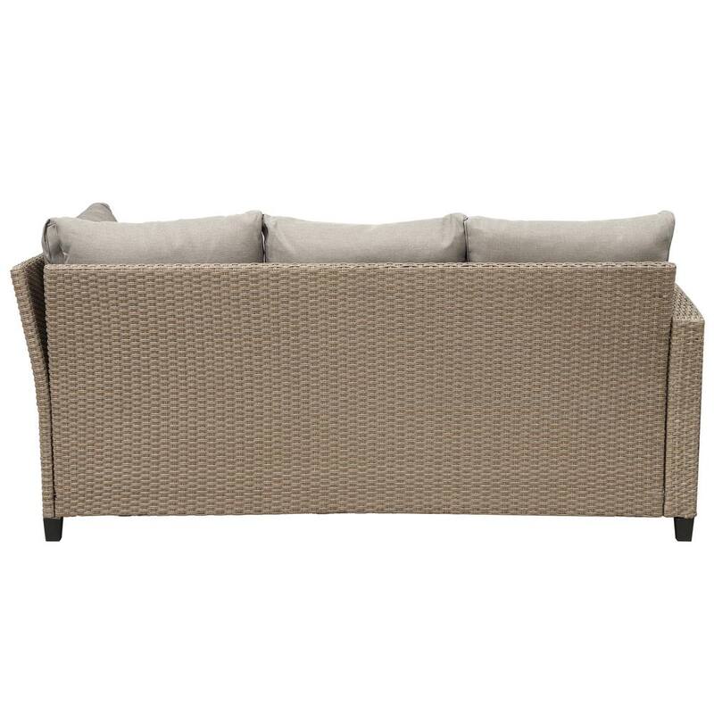 5-Piece Wicker Patio Conversation Set with Beige Cushions with Ottoman and Throw Pillows