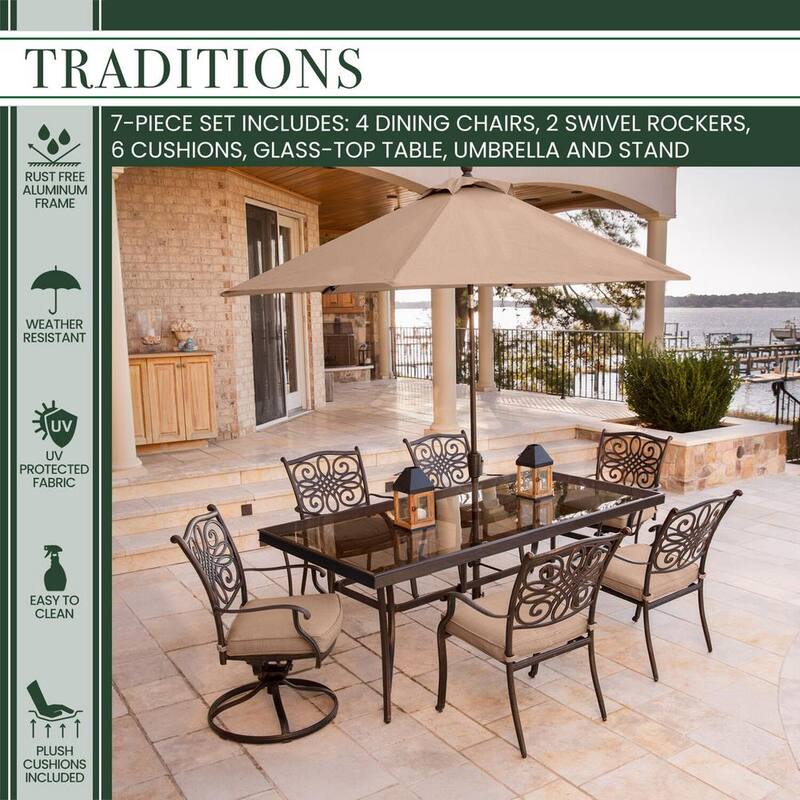 7-Piece Outdoor Dining Set with Rectangular Glass Table 2 Swivels Umbrella and Base with Natural Oat Cushions