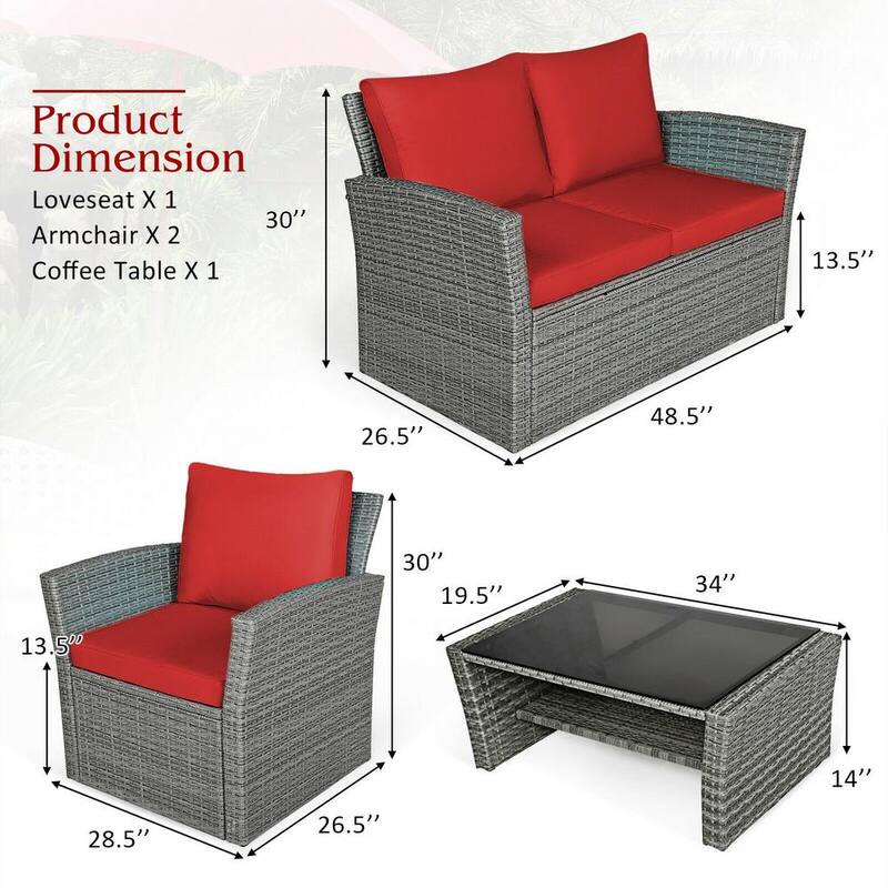 4-Piece Wicker Patio Conversation Set with Red Cushions