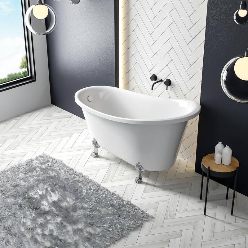 67 in. Acrylic Clawfoot Bathtub in White with Brushed Nickel Overflow and Drain Oval Soaking Bathtub