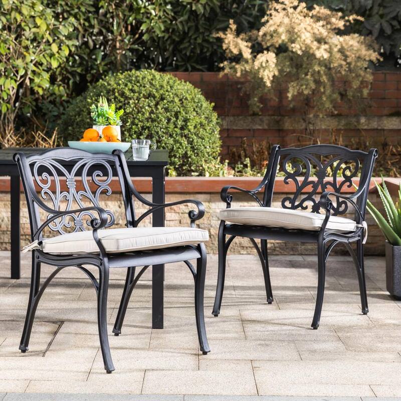 5-Piece Cast Aluminum Outdoor Dining Set with Beige Cushions Olefin Fabric