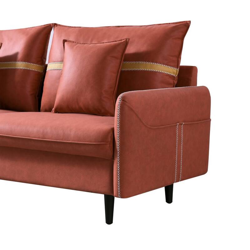 72.8 in. Orange Sofa Couch Mid-Century Leather Tufted Love Seat 2-Seat 2-Pillows Included