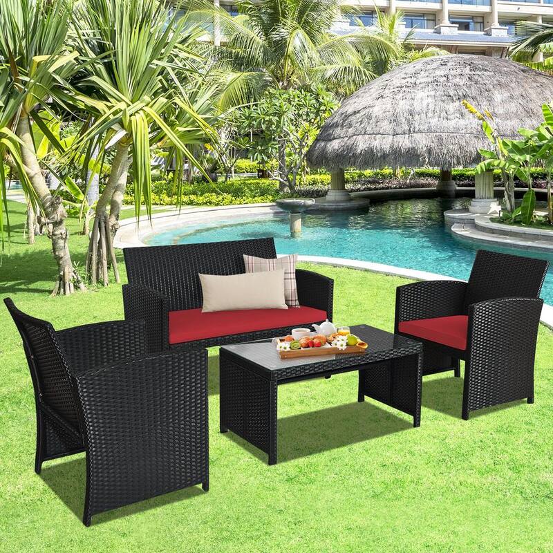 4-Piece Wicker Patio Conversation Set with 3 Red Cushions