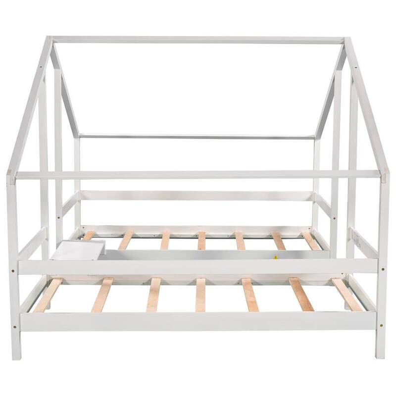 107 in. W White Twin Non-upholstered Wood Frame Canopy Bed Triangular House Beds with Built-in Table