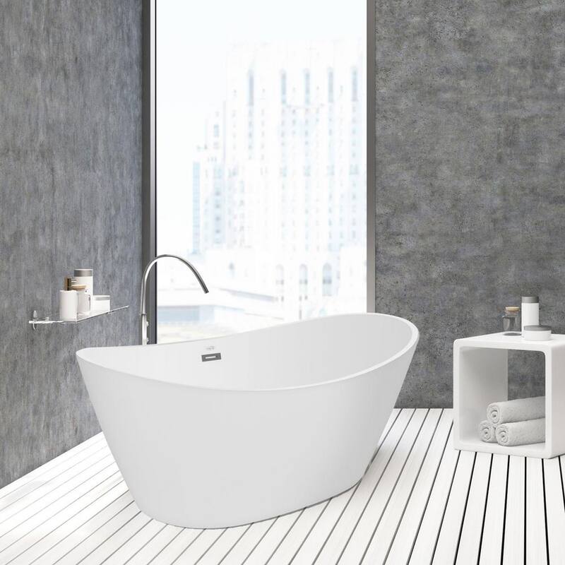 59 in. Acrylic Flatbottom Hourglass Freestanding Soaking Bathtub in White with Brushed Nickel Overflow and Drain