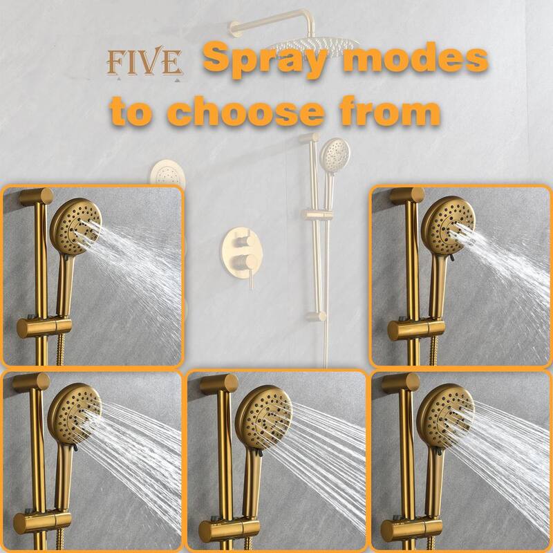 3-Spray Square High Pressure Deluxe Wall Bar Shower Kit with Slide Bar and 3-Body Spray in Gold