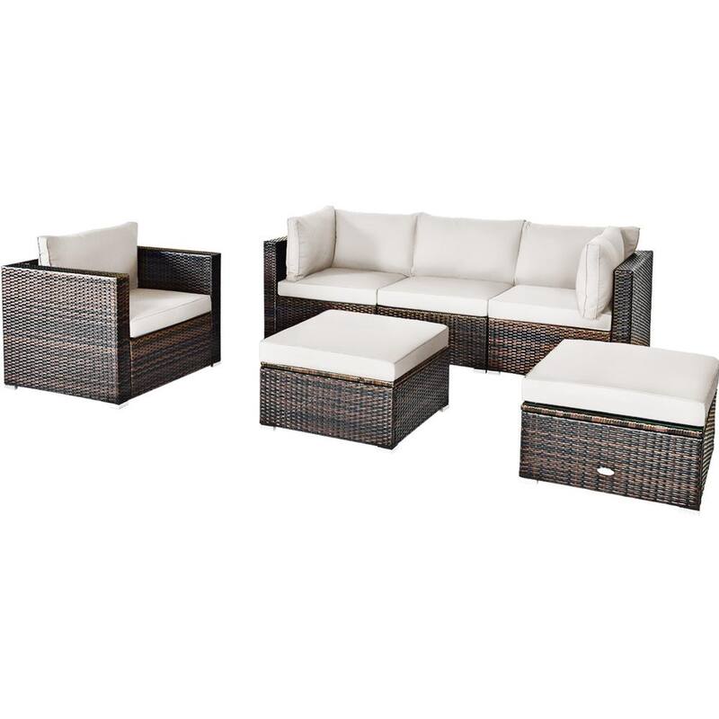 6-Piece Wicker Patio Conversation Set Sofa Chair Ottoman with White Cushions