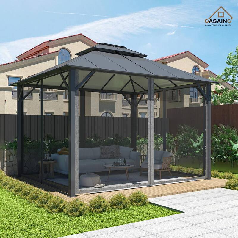 12 ft. x 10 ft. Outdoor Hardtop Insulated Aluminum Frame Patio Gazebo with Double Roof and Netting