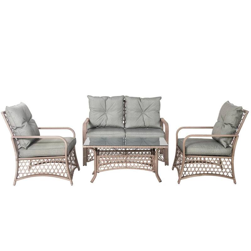 4-Piece Outdoor Wicker Patio Conversation Set with Gray Cushions