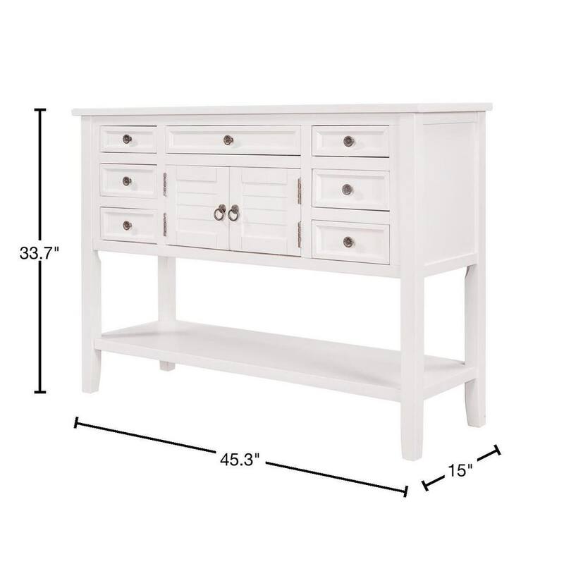 45 in. White Modern Wood Rectangle Console Table Sofa Table for Living Room with 7-Drawers 1 Cabinet and 1-Shelf