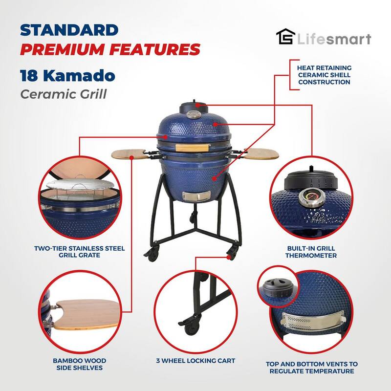 18 in. Kamado Ceramic Charcoal Grill in Turquoise with Free Cover Electric Starter and Pizza Stone