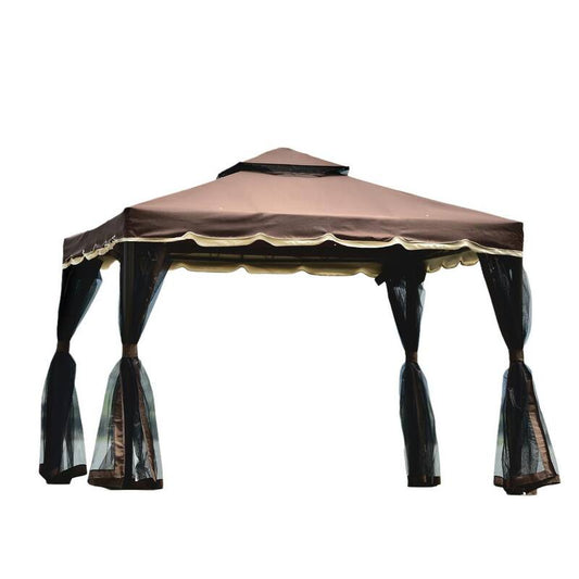 9.8 ft. x 8.8 ft. Brown Patio Gazebo Outdoor Steel Vented Dome Top with Netting for Backyard Poolside and Deck