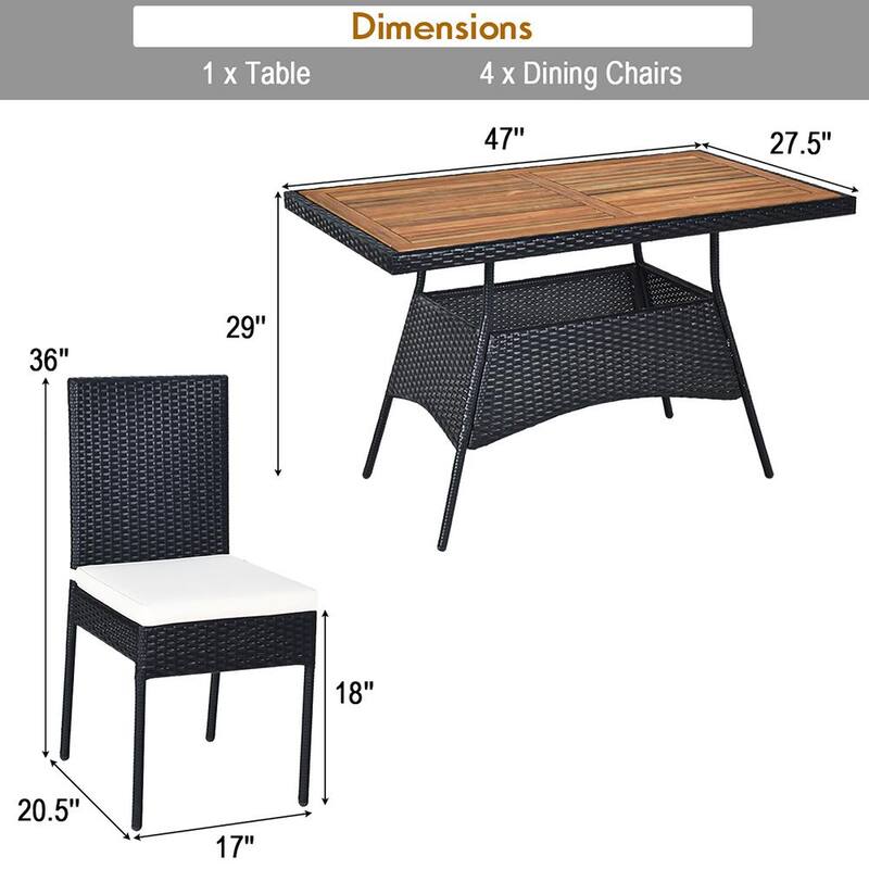 5-Piece Wicker Rectangular 29 in. Outdoor Dining Set Wood Top Table with White Cushions