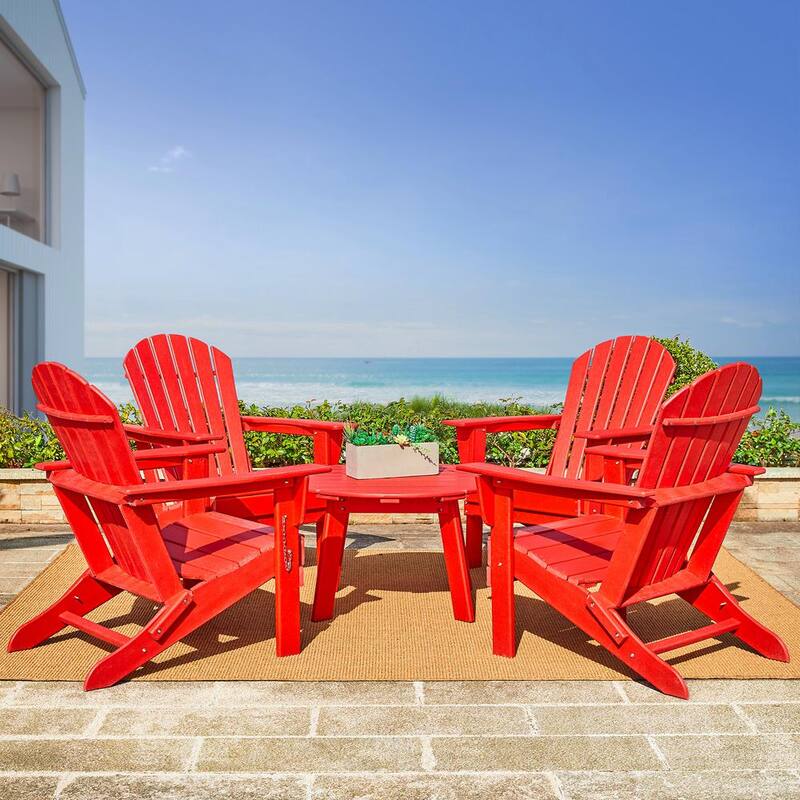 4-Piece Outdoor Patio Red HDPE Plastic Folding Adirondack Chairs and Coffee Table Set 5-Pack