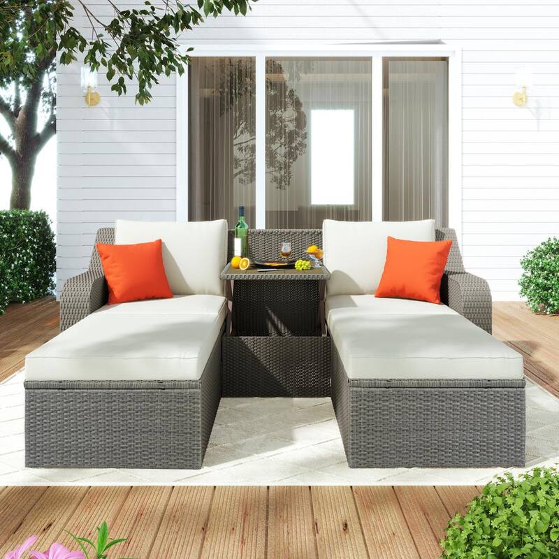 3-Piece Gray Wicker Outdoor Sofa Set Loveseat with Beige Cushions and Lift Top Coffee Table