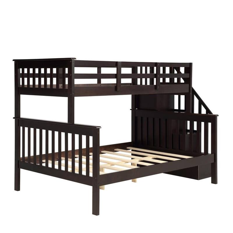 54.33 in. W Espresso Stairway Twin-Over-Full Bunk Bed with Storage and Guard Rail for Bedroom