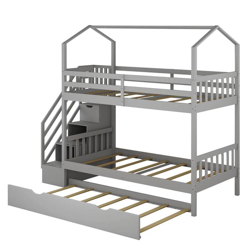 40 in. W Gray Multifunctional Twin Over Twin House Bunk Bed with Staircase and Storage Space