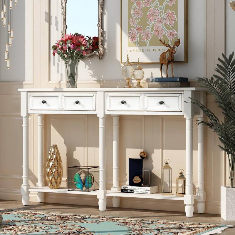 58 in. Ivory White Rectangle Wood Console Table with Two Storage Drawers and Bottom Shelf for Living Room Entryway