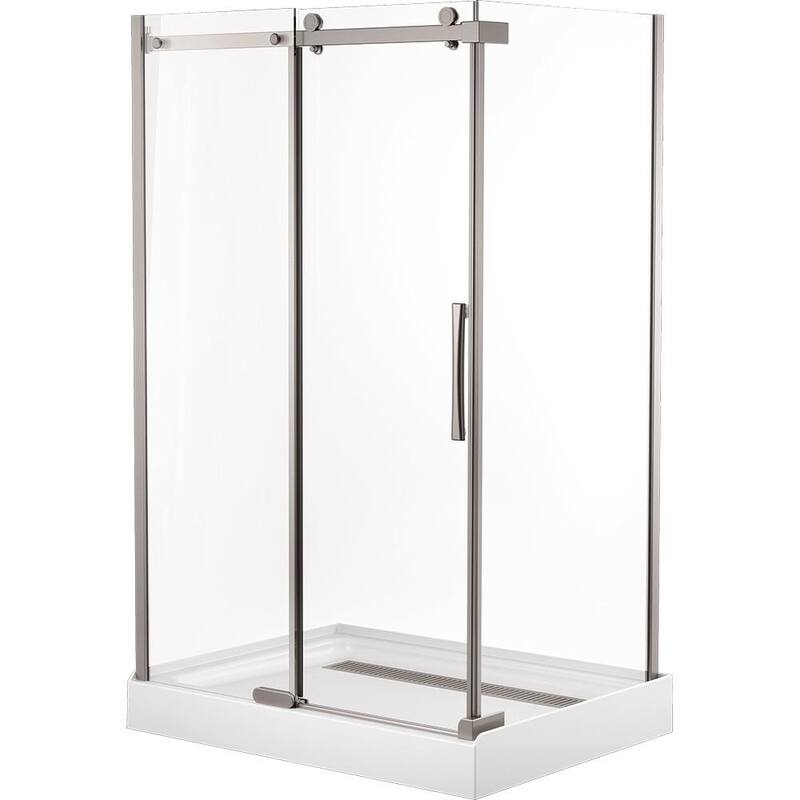 36 in. x 48 in. x 72 in. Frameless Sliding Shower Enclosure in Stainless with 48 in. x 36 in. Base Corner in White