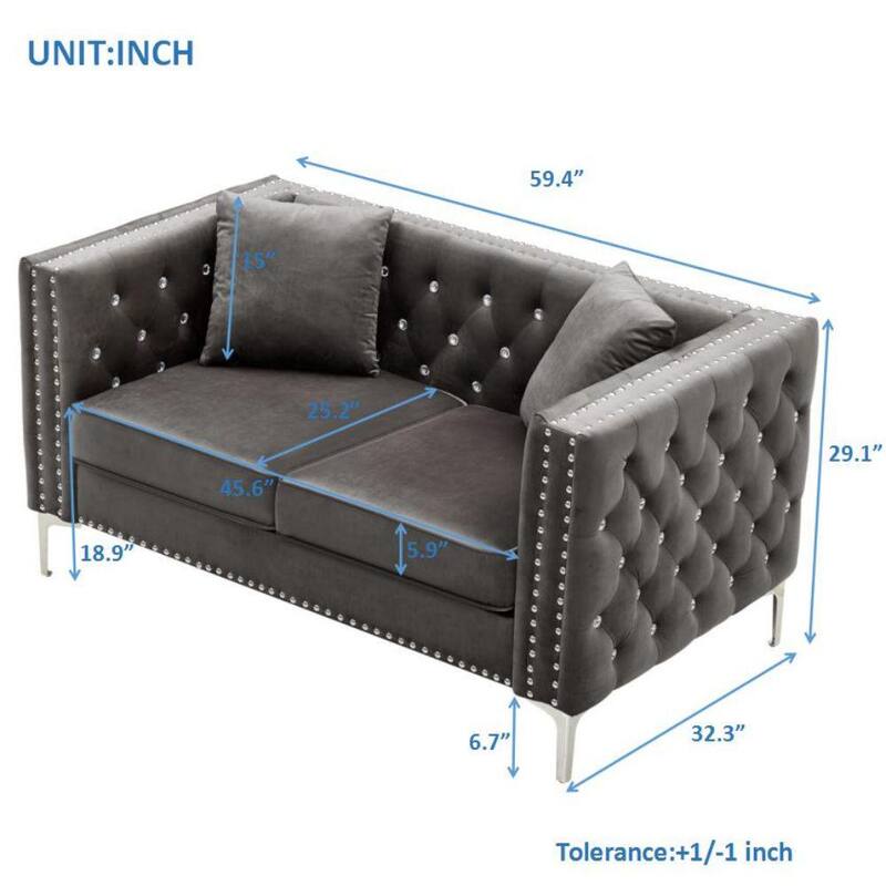 59.4 in. Black Velvet 2-Seater Loveseat with Diamond Button Tufted Backrest and Nail Head Modification 2 Pillows