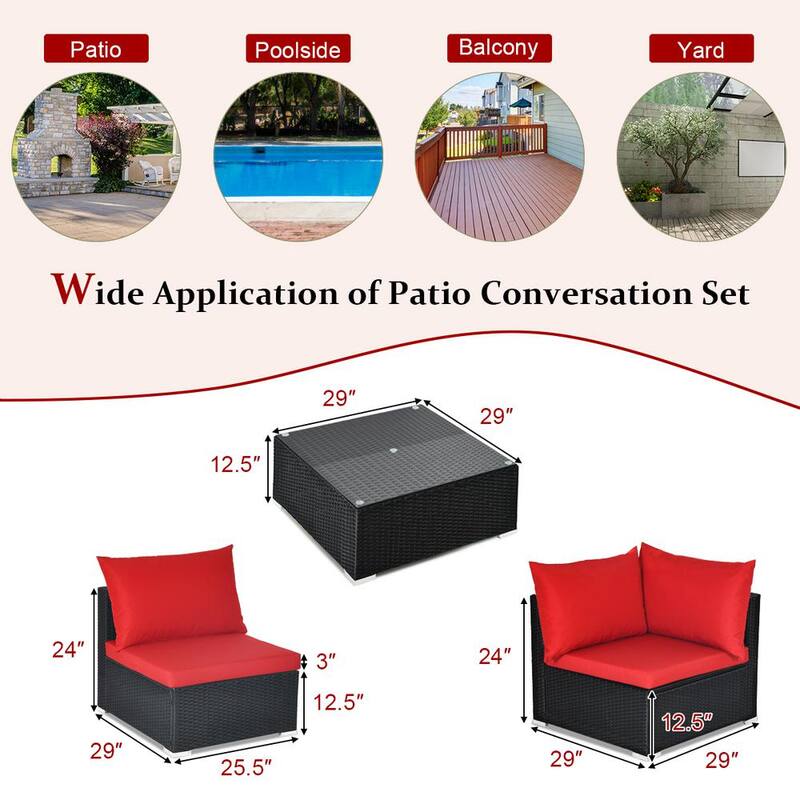 7-Piece Wicker Outdoor Sectional Set with Cushion Red