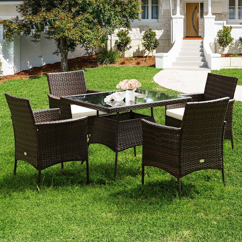 5 Piece Wicker Square Outdoor Dining Set Patio Conversation Set Chair Glass Table with White Cushions