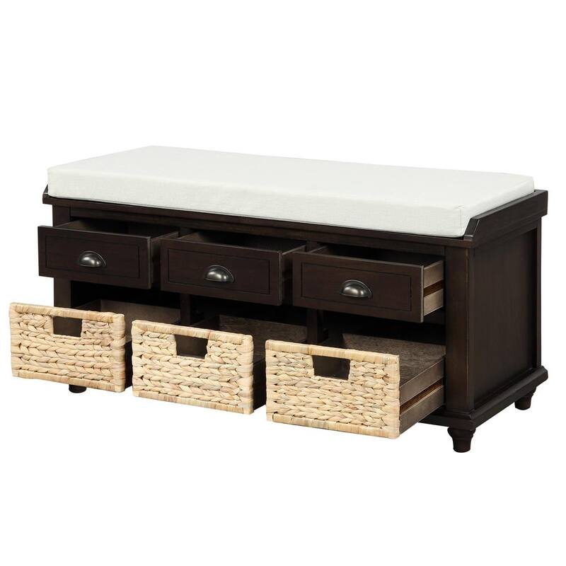 19 in. H x 42 in. L x 15 in. W Rustic Espresso Storage Bench with 3-Drawers 3-Rattan Baskets Shoe Bench for Entryway