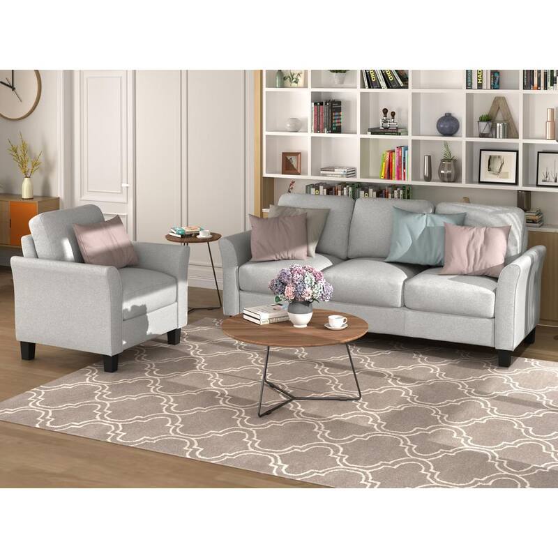 76 in. W 2-piece Linen Living Room Furniture Chair and 3-seat Sofa in Light Gray