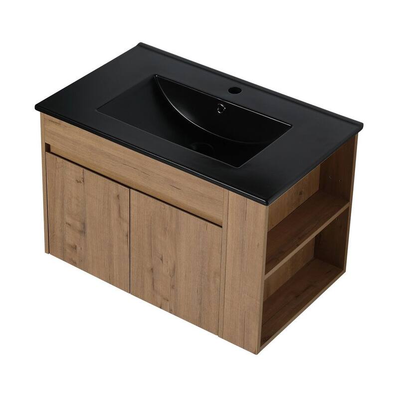 30 in. W x 18 in. D x 20 in. H Floating Bath Vanity in Imitative Oak with Black Cultured Marble Top