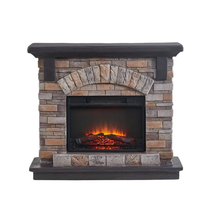 45 in. Freestanding Faux Stone Infrared Electric Fireplace in Tan with Mantel