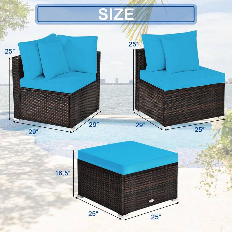 4-Piece Wicker Patio Conversation Set with 9 Turquoise Cushions and 1 Ottoman