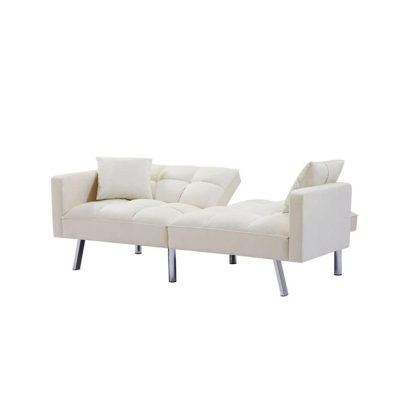 74 in. Beige Velvet 2-Seater Loveseat Convertible Sofa Bed with 2 Pillows