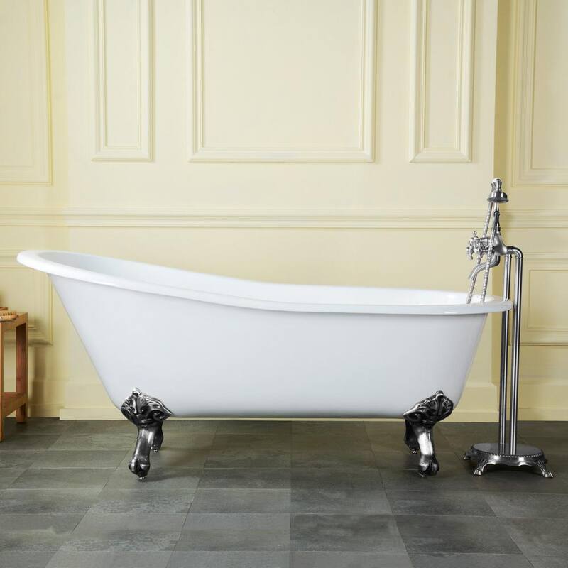 67 in. Cast Iron Single Slipper Clawfoot Bathtub in White with Feet in Polished Chrome