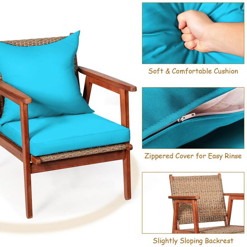 4-Pieces Wicker Patio Conversation Set Acacia Wood Frame with Turquoise Cushions