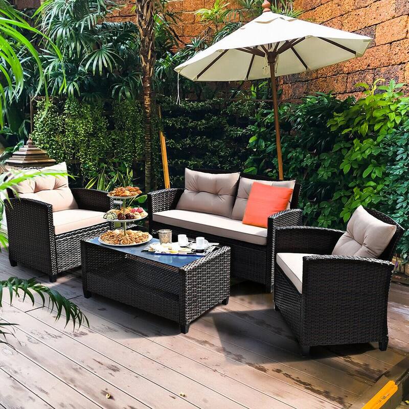 4-Piece PE Rattan Patio Conversation Set with Beige Cushions and Tempered Glass Coffee Table