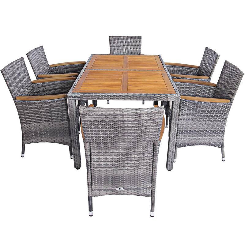 7-Piece Wood and Wicker Outdoor Dining Set Patio Acacia Furniture Set with Beige Cushions