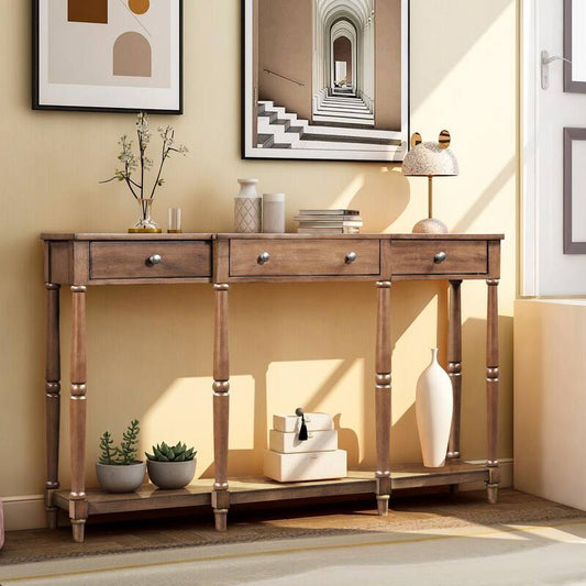 58.07 in. Brown Rectangle Wood Classic Entryway Table with Storage Shelf and Drawer for Home