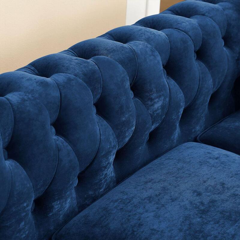 80 in. Rolled Arm Velvet Tufted L Shaped Sofa in Blue with Nailhead Trim and Removable Cushions