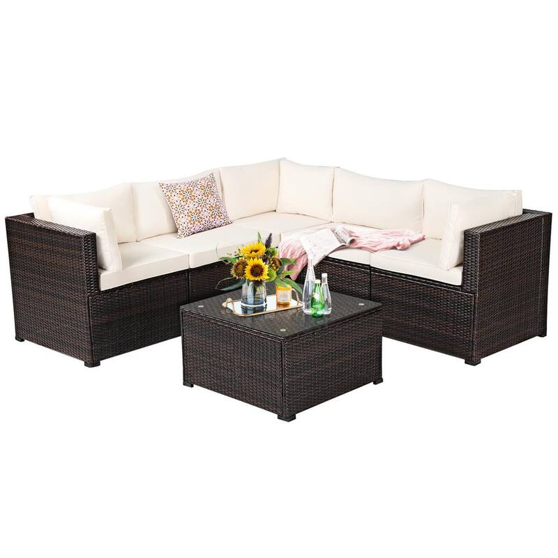 6-Piece Wicker Outdoor Patio Sectional Sofa Conversation Set Outdoor with Beige Cushions