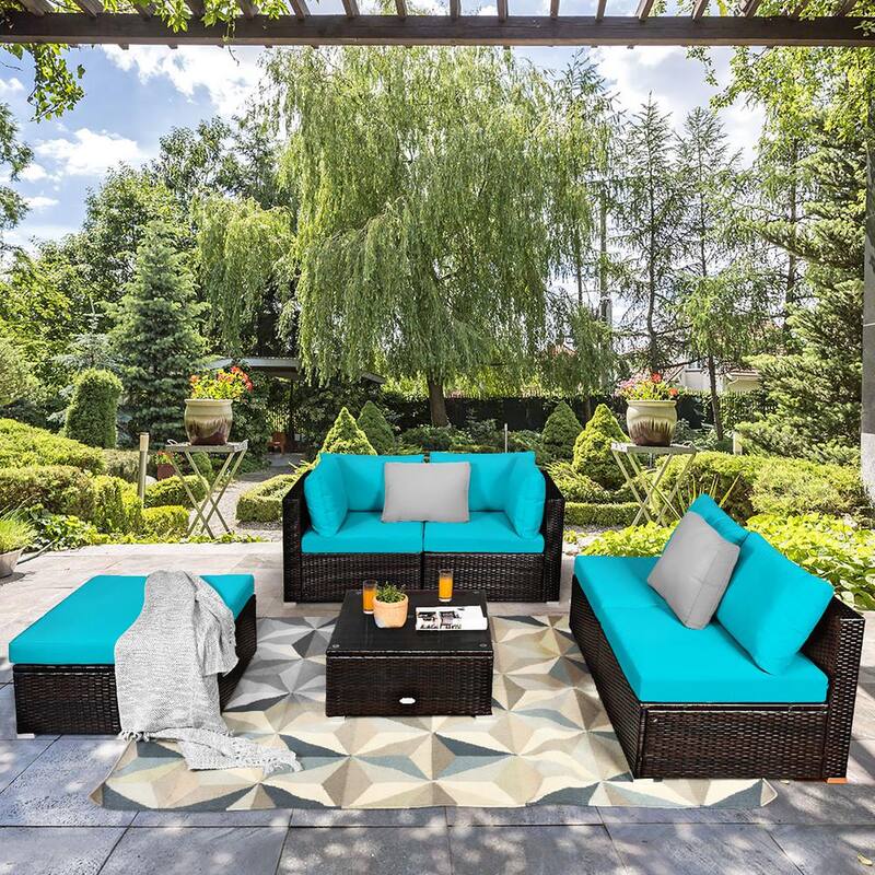 6-Piece Rattan Outdoor Patio Furniture Set with Turquoise Cushions