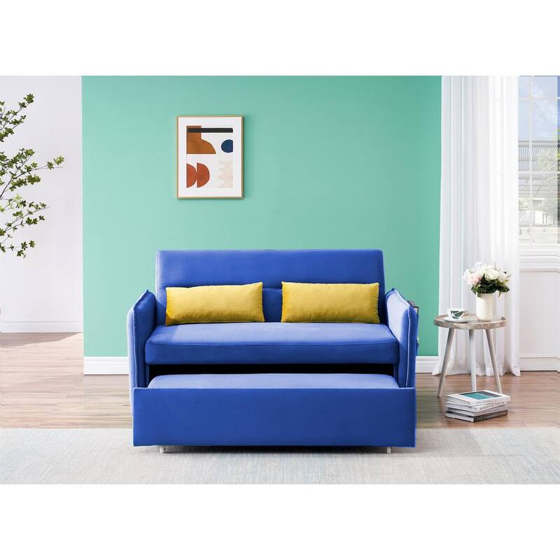 54 in. W Square Arm Velvet Straight Reclining Sofa Pull Out Bed in Blue