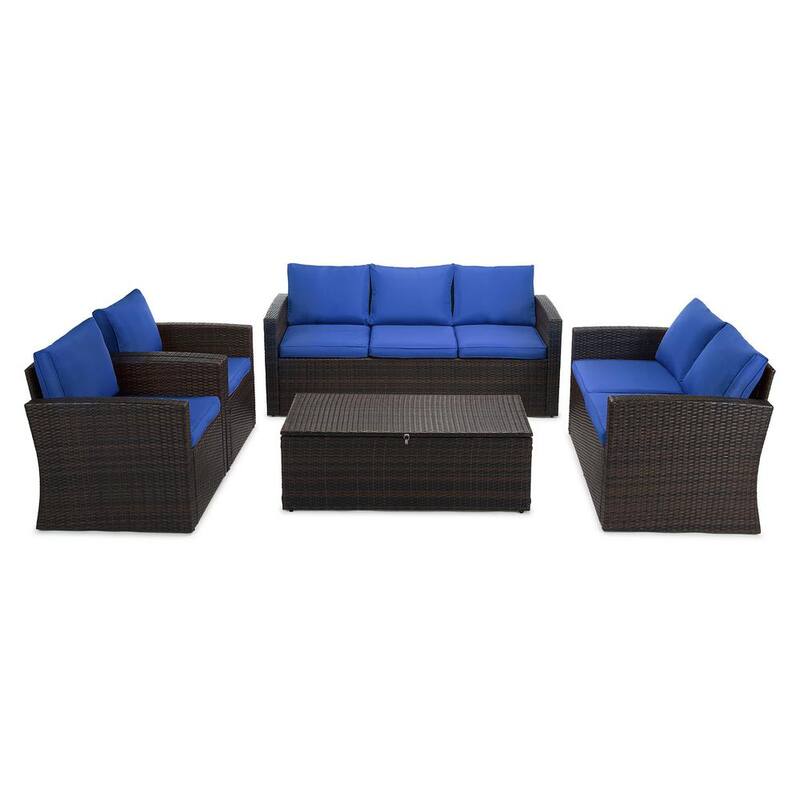 5-Piece Wicker Outdoor Patio Conversation Furniture Set with Cushions in Blue