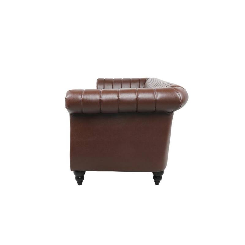 84 in. W Rolled Arm Faux Leather Chesterfield Straight 3-Seat Sofa with Reversible Cushions in Brown